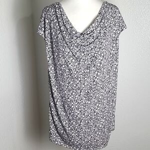 Lane Bryant Black & White Draped Jersey Floral Tunic Top Cowl Neck, Size 14/16